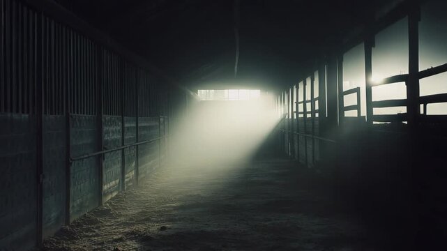 Wooden barn interior featuring a narrow corridor with empty stalls on the sides, illuminated by a strong beam of light entering through a distant window, creating a dusty, foggy atmosphere