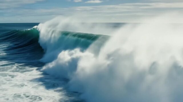 Epic ocean wave cresting and breaking with white foam under a blue sky and sunshine during daytime