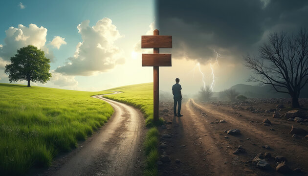 Man stands at a signpost choosing between two paths. One leads through a sunny green field, the other through a stormy rocky landscape. A moment of life decision.