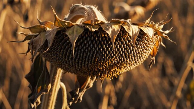 Close-up of a dried sunflower head with seeds in a field during the warm, late afternoon golden hour