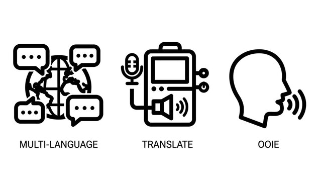Global communication icons representing multi-language translation and voice input for international interaction and digital apps