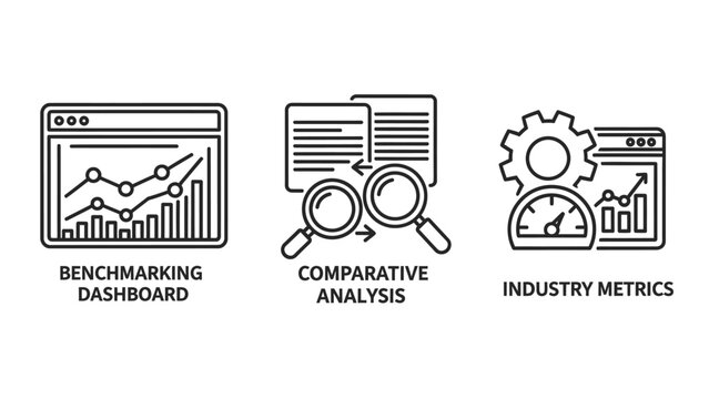 Business analytics icons: benchmarking dashboard, comparative analysis magnifying glass, industry metrics gear and chart - data visualization and strategy symbols