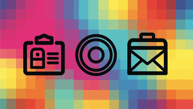 Id badge, target, and mail icons on colorful abstract pixel background, id badge