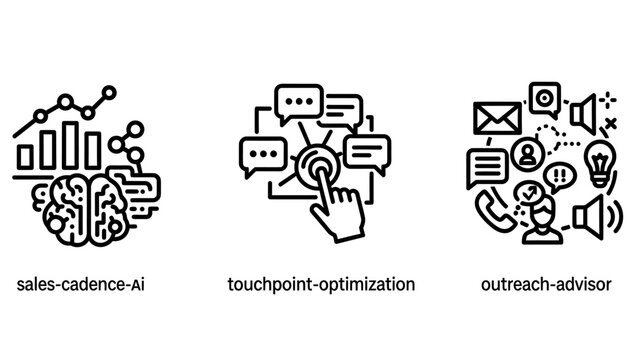 Sales & marketing strategy icons: AI-powered sales cadence, touchpoint optimization, and outreach advisor line art graphics