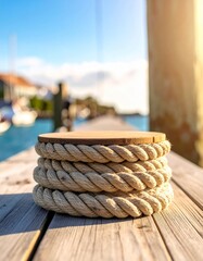 Fototapeta premium Thick Nautical Rope Stacked on Wooden Pier Under Bright Sunlight