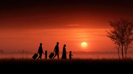 Refugee family silhouettes walking across a field at sunset, symbolizing concepts of migration, displacement, hope, and new beginnings on a global human journey. World Refugee Day