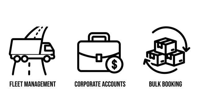 Business logistics and corporate services icons: fleet management, company accounts, and bulk booking operations