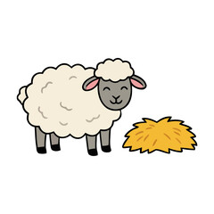 Fototapeta premium Cute sheep are eating hay illustration