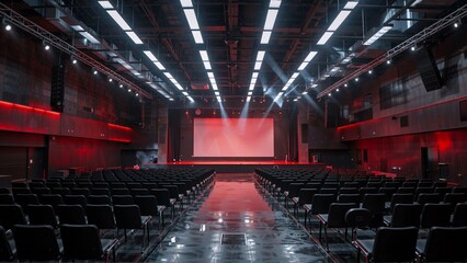 Naklejka premium Modern empty concert hall with stage lighting red ambient glow and large screen auditorium interior