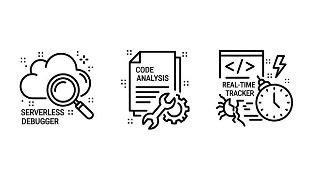Icons for serverless debugger, code analysis with tools, and real-time tracker with bug and clock, symbolizing software development and debugging, black