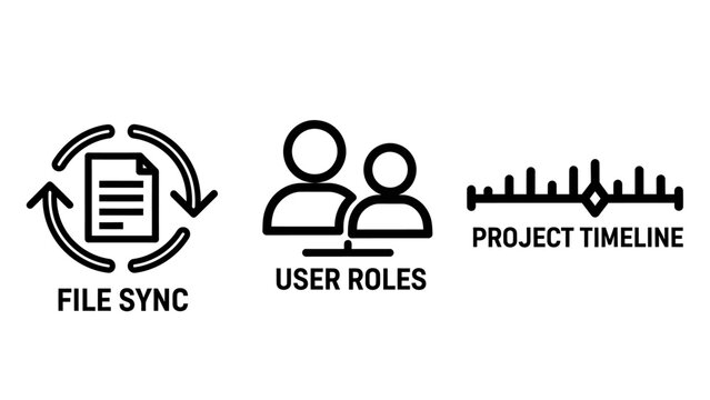 File sync, user roles, and project timeline icons for business workflow and project management - clean vector graphics