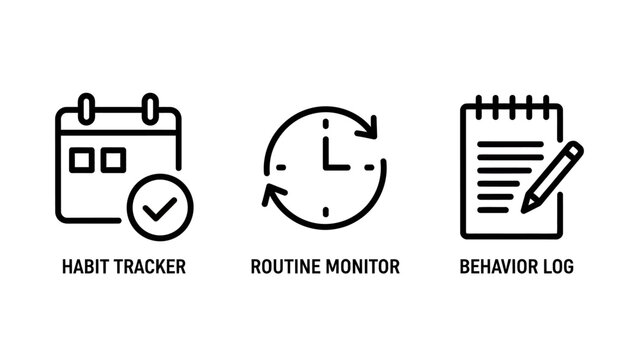 Habit tracker, routine monitor, and behavior log icons for productivity and personal development - vector graphics