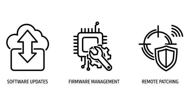 Software updates, firmware management with chip and wrench, and remote patching icons representing it security and system maintenance