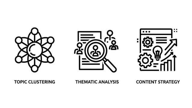 Topic clustering, thematic analysis with magnifying glass over people, and content strategy icons, symbolizing data analysis and marketing