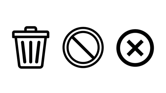 Trash can, forbidden and close icons, vector graphics for deletion, denial, and cancellation symbols on white background