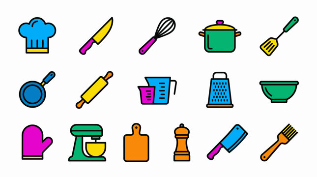 Flat vector illustration set of colorful kitchen tools and cooking utensils. Ideal for culinary, cooking, and food preparation designs