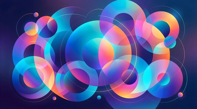 Modern circular gradient abstract background featuring overlapping neon rings and glowing spheres.