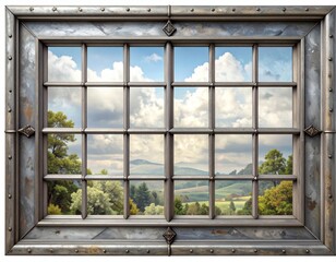 Fototapeta premium Ornate Metal Window Frame Overlooking Lush Green Landscape With Rolling Hills And Cloudy Sky