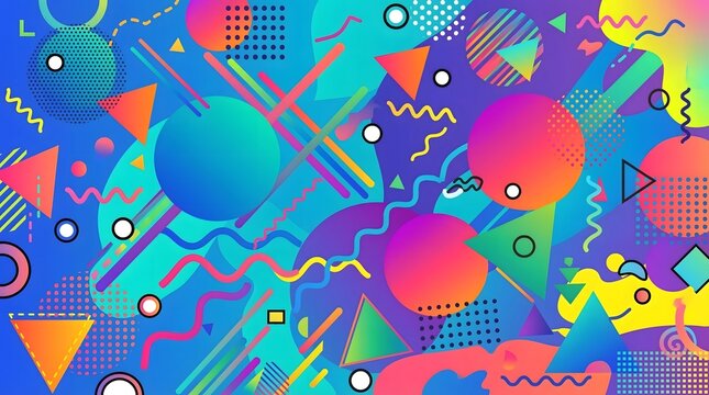 Dark modern Memphis style geometric background featuring vibrant playful abstract shapes.