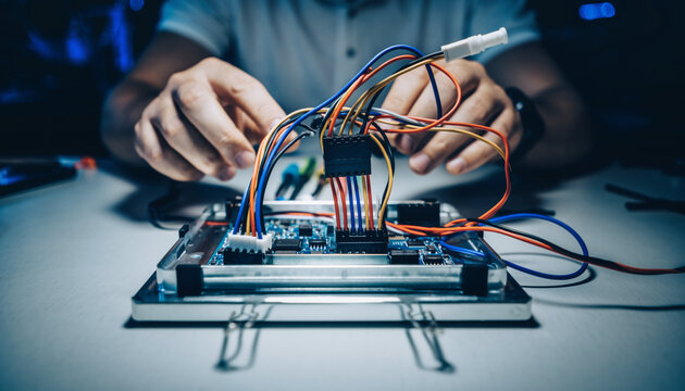 Engineer working on electronic circuit board with colorful wires