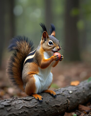 Fototapeta premium Cute squirrel sits on forest tree log eating small red nut. Small rodent with bushy tail chews food in green woods. Wild animal in natural habitat eats fruit.