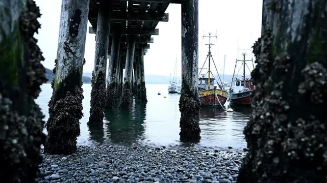 Low angle view beneath pier pilings at waters edge with boats in calm waters on an overcast day