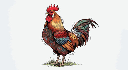 Hand Drawn Illustration of a Colorful Rooster Standing on Grass © Aki