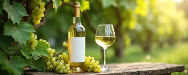 Naklejka premium Bottle and glass of white wine sit on rustic wood table. Ripe green grapes and vine leaves surround drink. Sunlight filters through green foliage in vineyard.