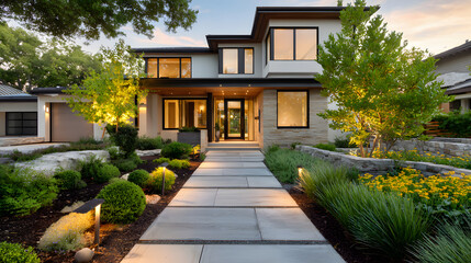 Fototapeta premium Contemporary luxury home exterior with landscaping and entrance view during sunset in a suburban area