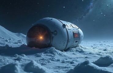 Fototapeta premium Space capsule rests on icy alien planet surface under starry sky. Exploration mission or crash site. Distant stars glow. Cosmic debris drifts.
