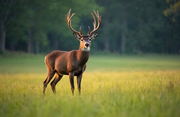Fototapeta premium Majestic buck deer with large antlers stands in a sunny green meadow. Forest edge in background. Animal looks directly at camera. Wild nature scene.