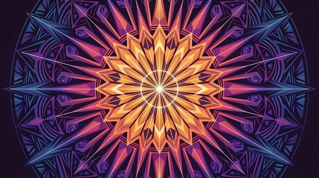 Glowing modern radial geometric abstract background featuring intricate purple symmetrical mandala.