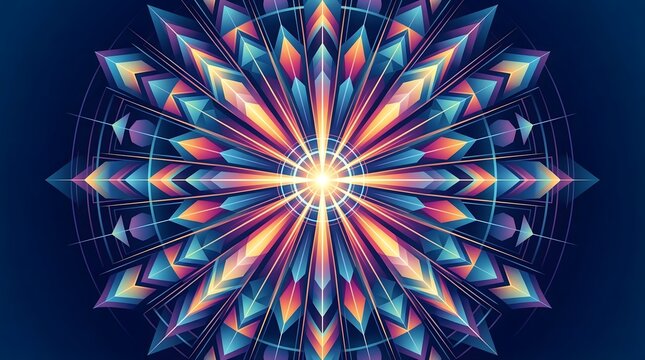 Intricate modern radial geometric abstract background with glowing symmetrical gold and blue patterns.