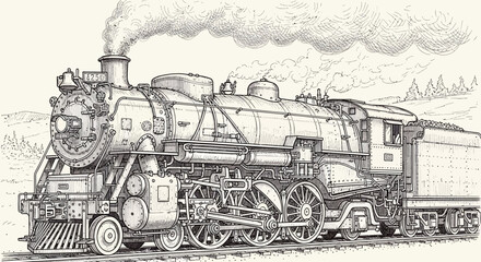 Vintage Steam Locomotive Illustration © Aki