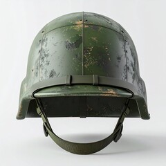 Naklejka premium Green Camouflage Military Helmet with Chinstrap and White Background