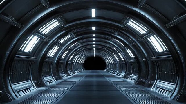 Futuristic spaceship corridor featuring geometric patterns and bright lights, creating a sense of scientific exploration, advanced technology, and a journey into the unknown
