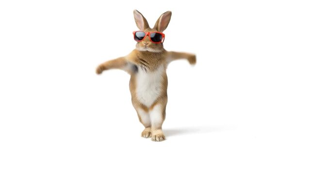 3D animated cute white Easter bunny in a pink dress dancing among colorful eggs in a sunny spring meadow