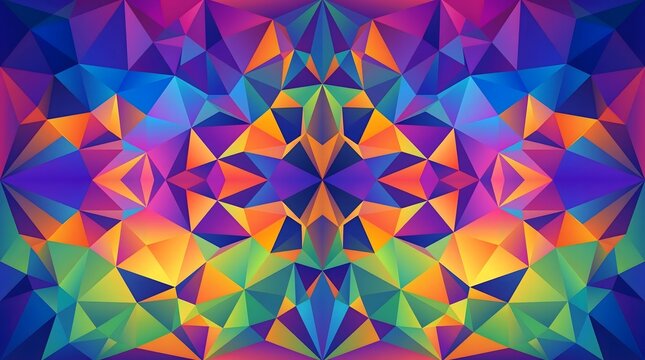 Warm vibrant colorful gradient polygon background with abstract symmetrical geometric shapes.