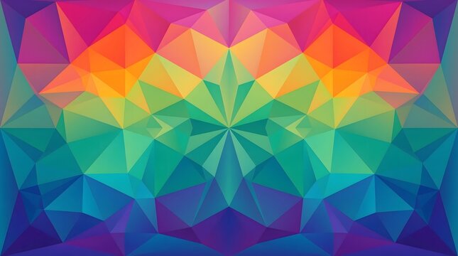 Symmetrical vibrant colorful gradient polygon background with abstract geometric crystal patterns.