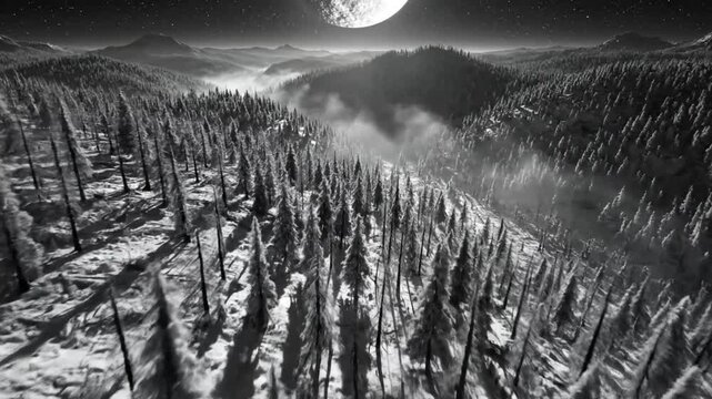Black and white aerial view of a snowy forest with a full moon in the night sky