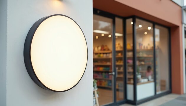 Round illuminated sign on wall near shop entrance. Storefront with shelves visible through glass door. Retail space exterior with copy space on sign.