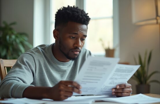 Young man concentrated reading medical papers at home. He examines drug instructions, checks dosage information, and learns about treatment.