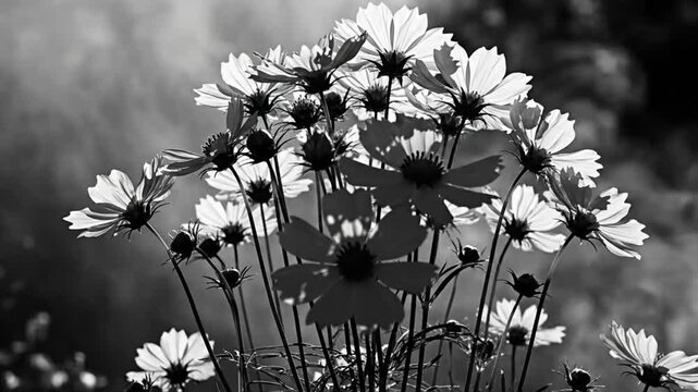 Black and white close-up of cosmos flowers illuminated from behind in soft sunlight with bokeh background