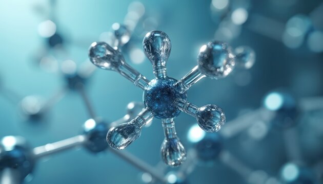 Crystal structure of calcium carbonate molecule shown in blue 3D. Atoms connect in scientific network. Research and chemistry concept for science.