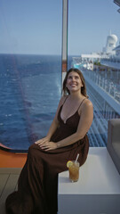 Fototapeta premium Woman smiling and sitting showing cleavage on cruise ship terrace with ocean view and drink nearby; relaxed serenity.