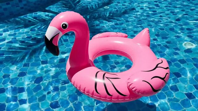 Bright pink inflatable flamingo pool float floating in a shimmering blue tiled swimming pool on a sunny summer day
