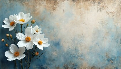 Fototapeta premium White cosmos flowers with yellow centers bloom on a textured, abstract background. Delicate petals and buds suggest spring or summer. Background has blue and brown painterly elements.