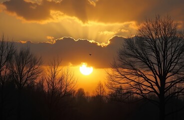 Fototapeta premium Bare trees silhouette against vibrant orange sky at sunset. Sun beams pierce through clouds above misty forest line. Bird flies across warm evening horizon, peaceful nature scene.