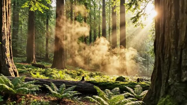 Sunlight beams through a misty redwood forest with ferns, moss, and a fallen log at sunrise or sunset