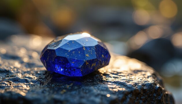 Polished lapis lazuli gemstone rests on wet dark stone. Rich blue jewel sparkles with gold flecks. Natural light creates soft bokeh background. Stone surface texture is rough.